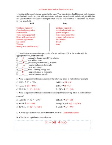 acids and bases worksheet answers section 5.1